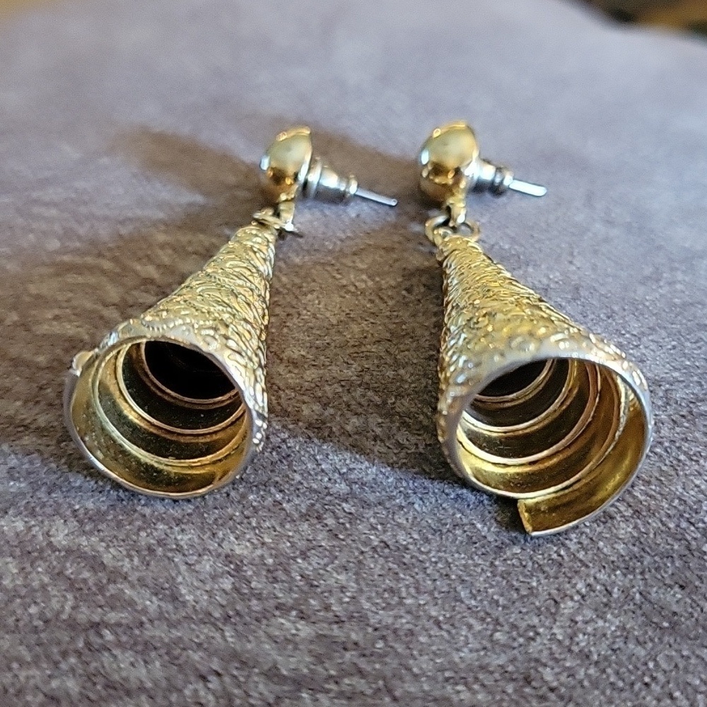 Vtg 1950s Spiral Atomic Cone Dangle Castlecore Art Noveau Post Earrings - Picture 3 of 4